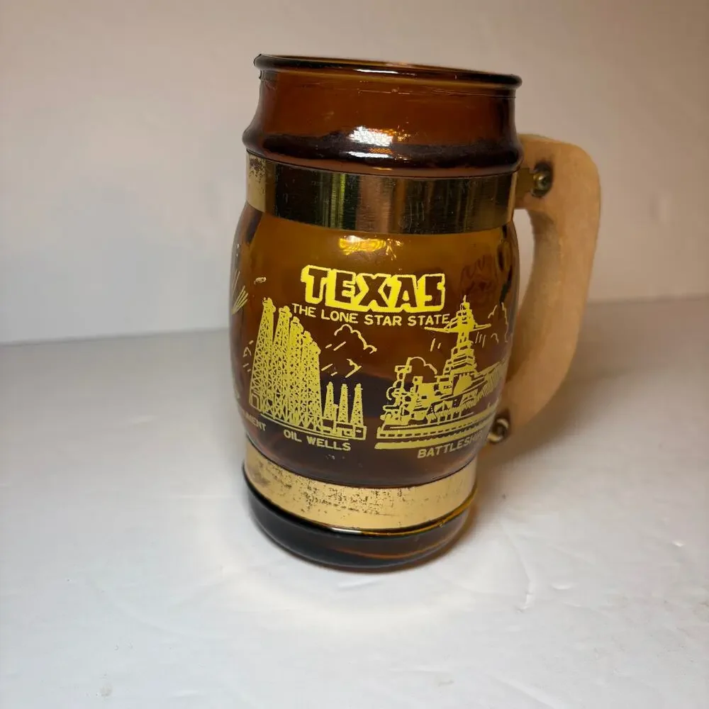 Vintage Texas Lone Star State Souvenir Brown Glass Barrel Mug Wood Handle